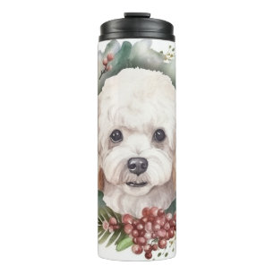 Kerstkrans met Poedel Feestelijke Pup Thermosbeker