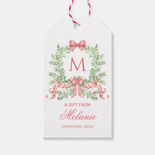 Kerstkrans met strik | Monogram Cadeaulabel (Voorkant)