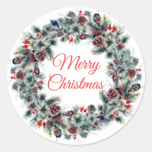 Kerstkrans met winterdennenappels als kerstcadeau ronde sticker