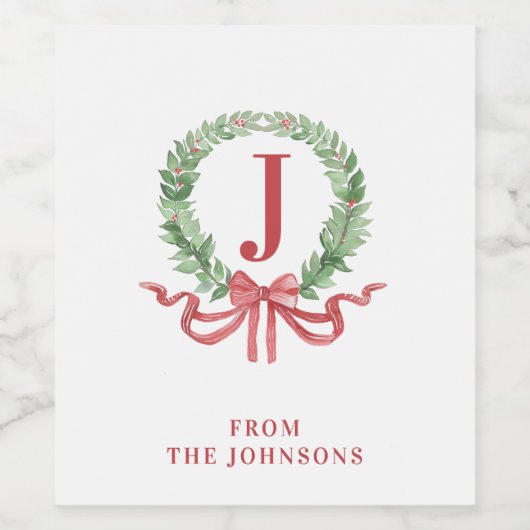 Kerstkrans monogram met naam wijn etiket (Enkel label)