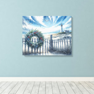 Kerstkrans op een strandhek canvas afdruk