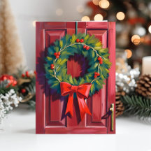 Kerstkrans Rode Deur Aquarel