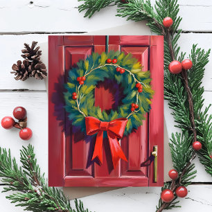 Kerstkrans Rode Deur Aquarel Feestdagenkaart