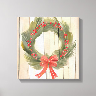 Kerstkrans Rode Strik   Mooie Dennen Waterverf Canvas Afdruk
