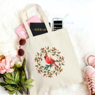 Kerstkrans & rode vogel tote bag