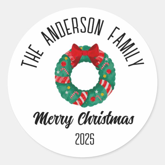 Kerstkrans Rood lint Lichtjes Gepersonaliseerde na Ronde Sticker (Voorkant)