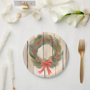 Kerstkrans Rood lint   Pretty Pine Waterverf Papieren Bordje