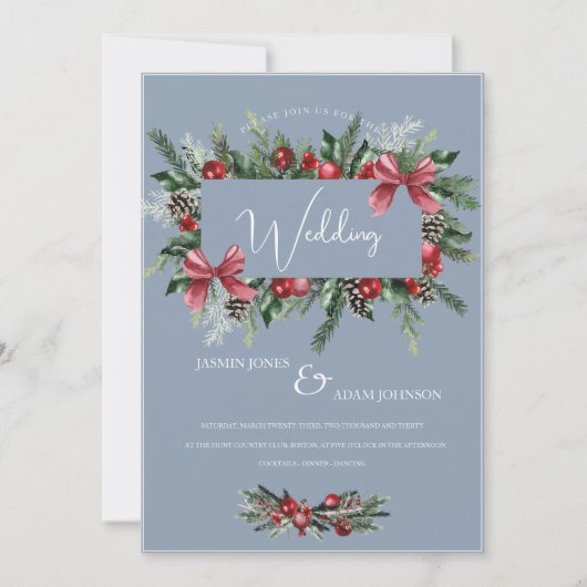 Kerstkrans Stoffig Blauw Winter Feestelijke bruilo Kaart (Voorkant)