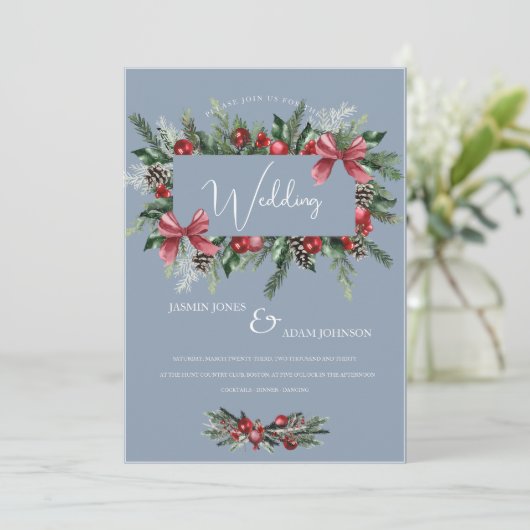 Kerstkrans Stoffig Blauw Winter Feestelijke bruilo Kaart (Staand voorkant)