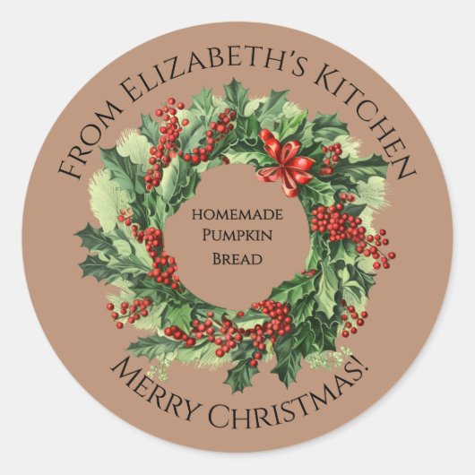 Kerstkrans Thuisgemaakte Voedsel Cadeau Bruin Ronde Sticker (Voorkant)