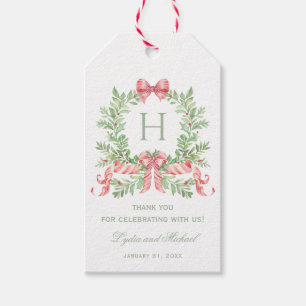 Kerstkrans w / boog Monogram bruiloft Cadeaulabel