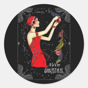 Kerstkunst Deco Retro dame Ronde Sticker
