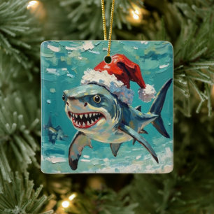 Kerstkunst met Vintage Haai en Kerstmannenhoed Keramisch Ornament