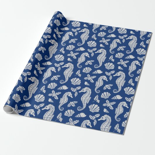 Kerstkust Zeepaardglitter Navy Blue Cadeaupapier (Uitgerold)