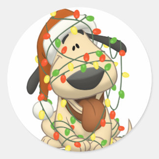 kerstlampjes Funny Puppy Dog Ronde Sticker