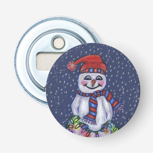 kerstlampjes glimlachen Snowman Snowflakes Button Flesopener (Voorkant)