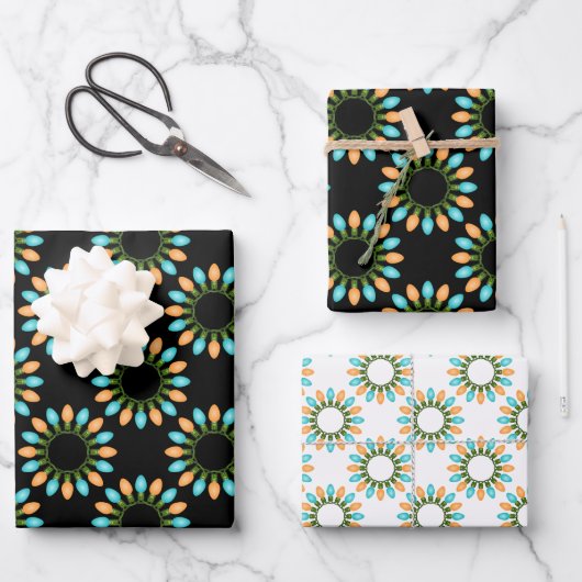 Kerstlampjes Patroon Oranje en blauw Inpakpapier Vel (Voorkant)