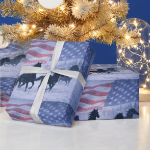 Kerstland Westerse Paarden Amerikaanse Vlag Cadeaupapier
