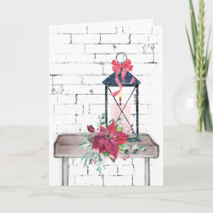 Kerstlantaarn en Poinsettia Boeket  Feestdagen Kaart