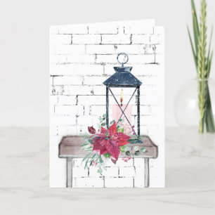 Kerstlantaarn en Poinsettia Bouquet Feestdagen Kaart