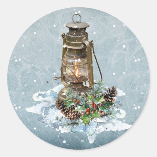 Kerstlantaarn in de sneeuw ronde sticker (Voorkant)