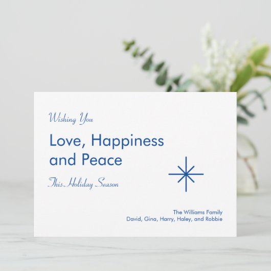 Kerstlegant Script Peace Love Blue Snowflake Feestdagenkaart (Staand voorkant)