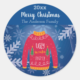 Kerstlelijke zweet rode blauwe sneeuwvlokken, naam ronde sticker