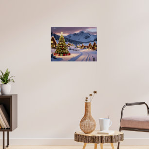 Kerstlichten landschap met sneeuw poster