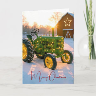 Kerstlichten op een groene vintage landbouwtractor feestdagen kaart