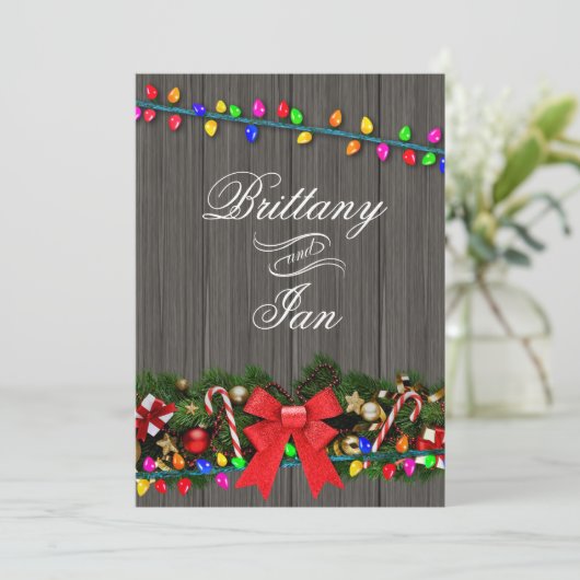 Kerstlichten Schuur Hout Bruiloft | houtskool Kaart (Staand voorkant)