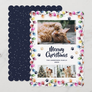 Kerstlichtjes Blauwe Kattenpoten Foto Meowy Feestdagenkaart
