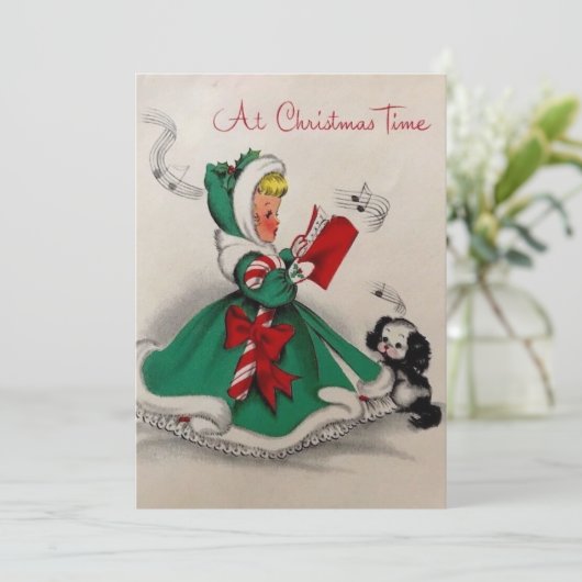 Kerstlied zingend oud meisje feestdagenkaart (Staand voorkant)