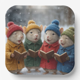 Kerstliedjes zingende muizen in de sneeuw papieren bordje