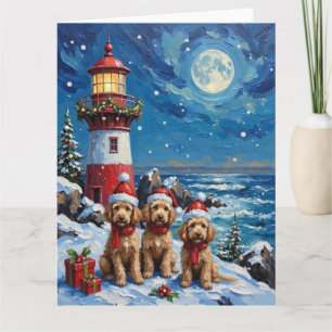 Kerstlighthouse met Poodles Vakantie Kaart