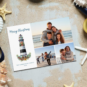 Kerstlighthouse met waterverf Nautical 3 foto's Feestdagenkaart