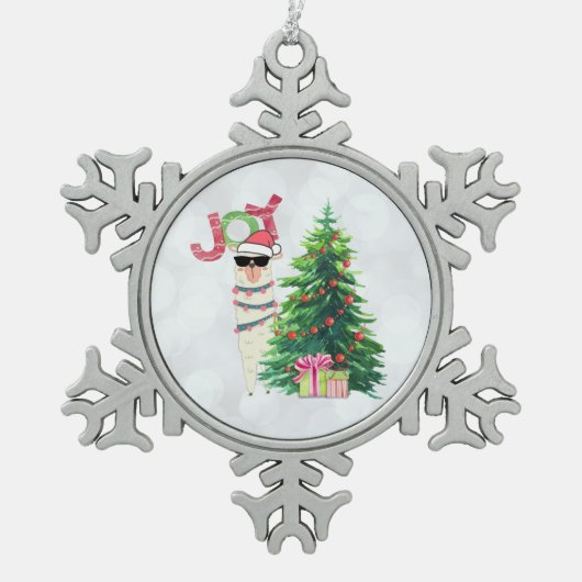 Kerstllama | Joy Typografie | Silver Bokeh Tin Sneeuwvlok Ornament (Voorkant)