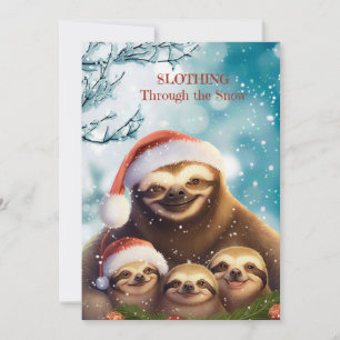 Kerstluiaard met luiaardbaby's in de sneeuw feestdagenkaart