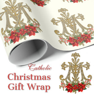 Kerstmaagd Mary Monogram Poinsettia Cadeaupapier