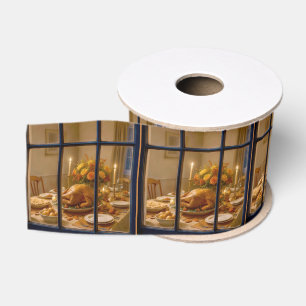 Kerstmaal met kalkoen in raam grosgrain lint