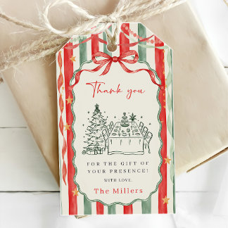 Kerstmaaltijd met vintage streepboog cadeaulabel