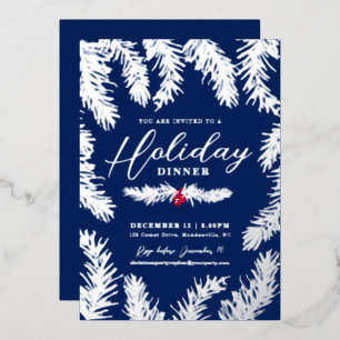 Kerstmaaltijd rode bes kerstblauw folie feestdagenkaart