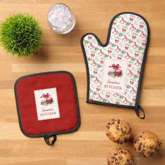 Kerstmacarons Rood Lint Groene Patroon Ovenwant & Pannenlap Set
