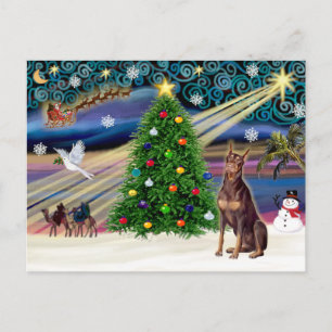 Kerstmagie Doberman Pinscher (rood) Feestdagenkaart