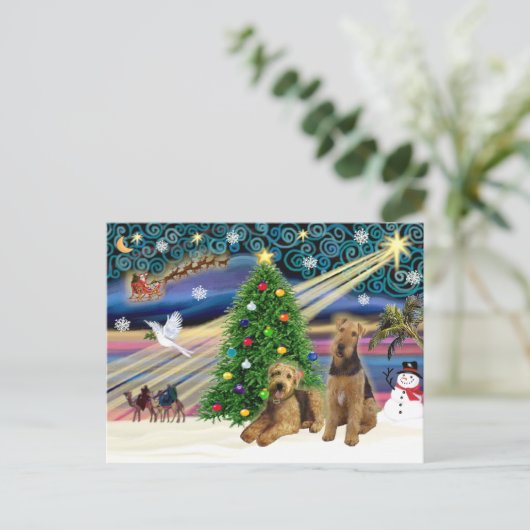 Kerstmagie - Twee Airedales Feestdagenkaart (Staand voorkant)