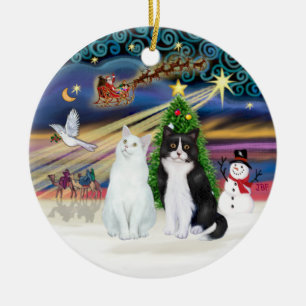 Kerstmagie - Twee Katten - Wit + Zwart en Wit Keramisch Ornament