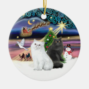 Kerstmagie - Twee Perzische Katten (wit + zwart) Keramisch Ornament