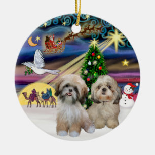 Kerstmagie - Twee Shih Tzus (P2+Y) Keramisch Ornament