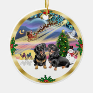 Kerstmagie - Twee Zwarte Dachshonden Keramisch Ornament