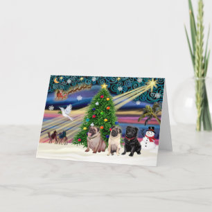 Kerstmagiër Pugs (drie, 2 hertenkleur, 1 zwart) Feestdagen Kaart