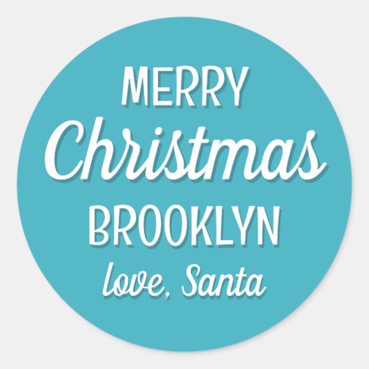 Kerstman Aangepaste Naam Typografie Blauwgroen Ronde Sticker (Voorkant)